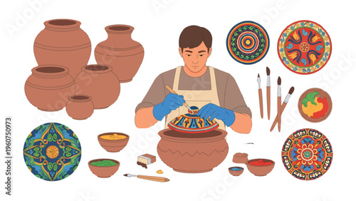 Ceramic Craftsman at Work: A skilled artisan meticulously works on a pottery piece, surrounded by tools and works of art. A scene of art, precision, and passion.