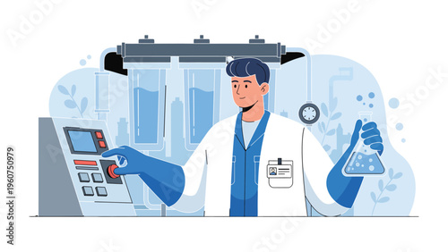 Scientist in Lab: A focused scientist, garbed in a pristine lab coat, expertly navigates complex machinery while holding a conical flask, a fusion of precision, dedication.