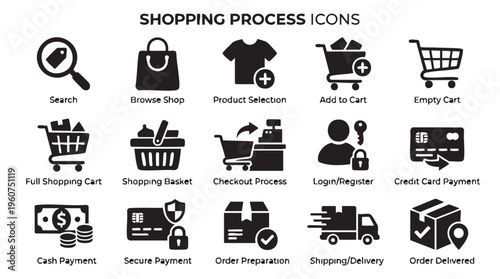 Collection of black shopping process icons on for ecommerce