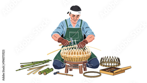 Tableau sur toile Crafting with Bamboo: A skilled artisan meticulously weaves bamboo into a beautiful basket, showcasing traditional craftsmanship and artistry