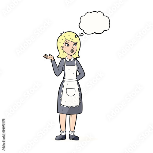 Cartoon drawing of a blonde woman in an apron with a thought bubble above her head, looking upwards
