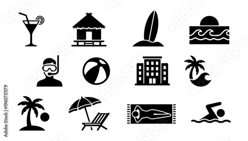 Beach Resort Silhouette Icons Set – Tropical Vacation, Ocean, Hotel and Summer Travel Collection