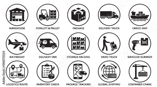 Logistics and shipping icons set with various transportation and delivery symbols