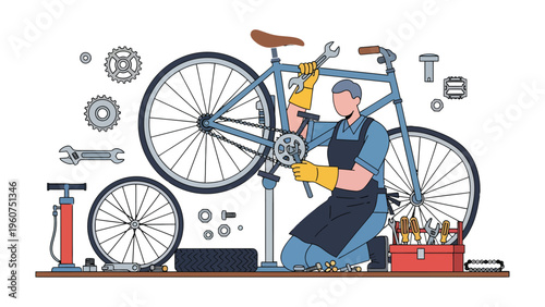 Cycling Maintenance Illustration: A skilled mechanic meticulously repairs a bicycle, surrounded by tools and spare parts, readying it for the next adventure.