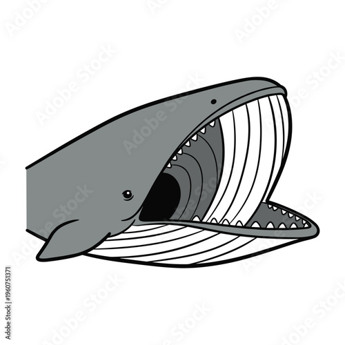 A cartoon illustration of a large gray whale with its mouth wide open, showcasing baleen plates and a dark throat