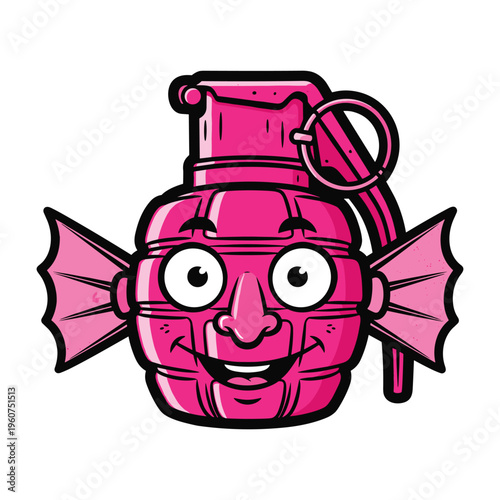 A vibrant pink candy grenade with a friendly face, featuring large eyes and a wide smile, on a white background