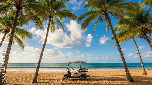 Electric golf cart buggy on a sandy tropical beach with palm trees and a clear turquoise ocean view