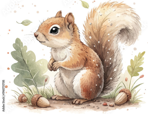 Watercolor Squirrel Illustration, Cute Forest Animal, isolated on white background