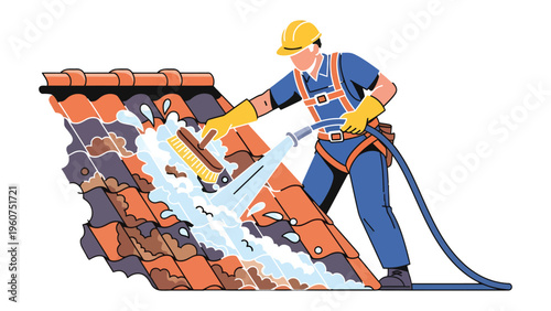 Roof Restoration: A skilled professional meticulously cleans and restores a tiled roof using high-pressure water, showcasing expertise and care in this important maintenance task.