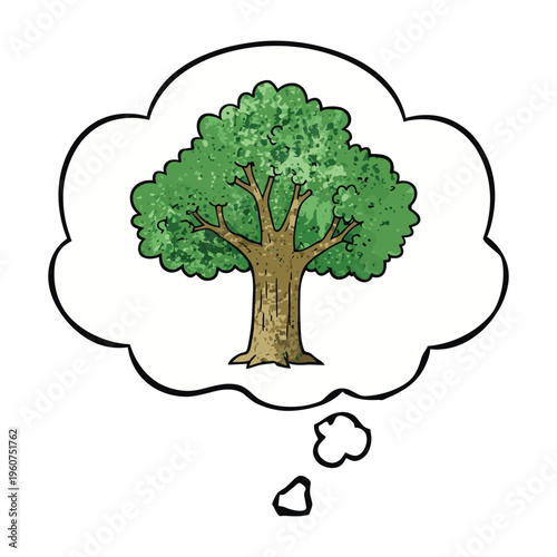 A cartoon tree with green foliage and a brown trunk, depicted within a thought bubble, suggesting an idea or memory