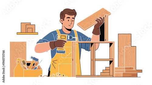 Craftsman at Work: A skilled craftsman meticulously constructs a wooden frame, wielding a drill with precision. The scene showcases the craftsmanship and dedication in woodworking. 