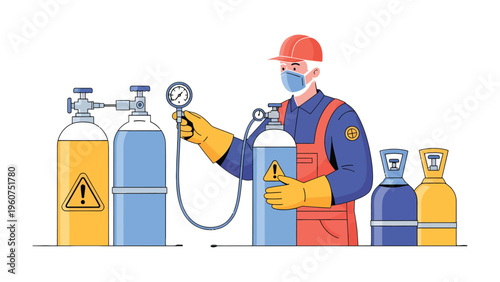 Gas Cylinder Technician: An illustration depicting a technician in a protective mask and gloves meticulously inspecting the gauges of gas cylinders