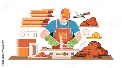 Tiling Craft: A skilled craftsman meticulously laying tiles. This illustration highlights precision and craftsmanship, representing dedication to detail