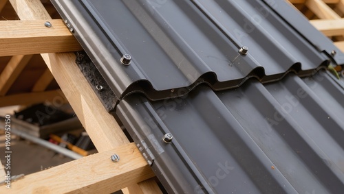 Metal roofing installation on timber frame using self tapping screws with sealing washers. Ideal for roofing work, construction services, building materials