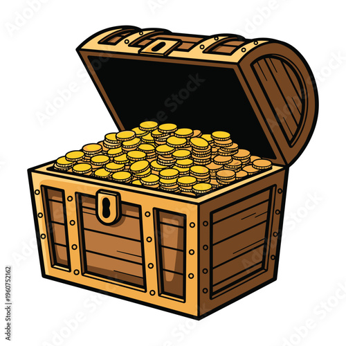 A wooden treasure chest, slightly open, revealing a bounty of golden coins overflowing from within