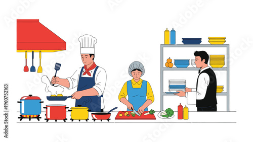 Culinary Team at Work: A vibrant illustration capturing the bustle of a restaurant kitchen, with chefs expertly preparing dishes and ensuring seamless service.