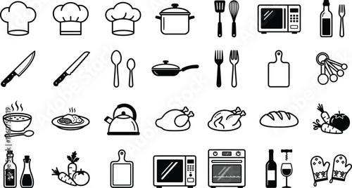 A comprehensive collection of black and white kitchen and cooking equipment icons set on white