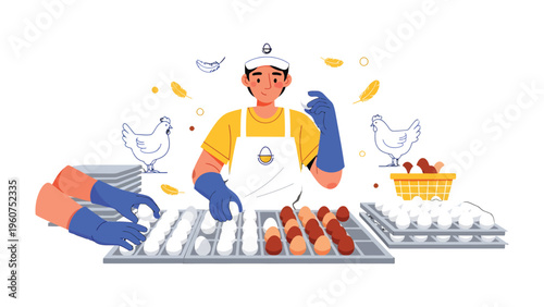 Egg Production and Processing: A depiction of a food processing scene with workers sorting and preparing eggs for distribution, showcasing the care and quality control involved in the process.