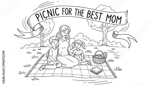 Mother's Day Picnic Line Art Vector Illustration — Mom with Kids on Blanket, Coloring Page, Hand-Drawn Family Scene