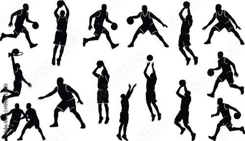 A collection of black silhouettes showing various basketball players in dynamic action poses