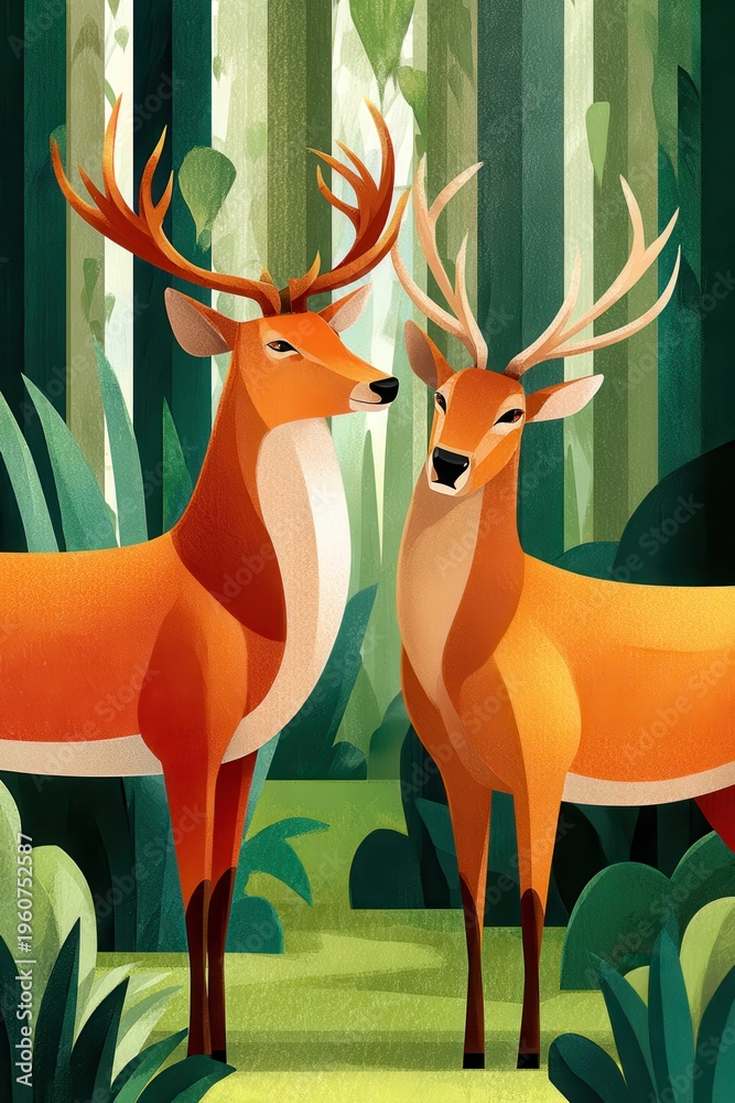 Fototapeta premium Two graceful deer stand in a lush forest, illustrated in vibrant geometric art style