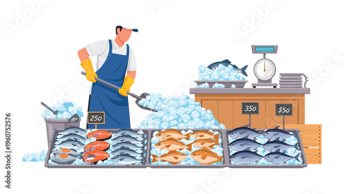 Fresh Catch: A fishmonger arranges a display of glistening seafood, set amidst a bed of ice, a testament to the freshest quality and maritime tradition.