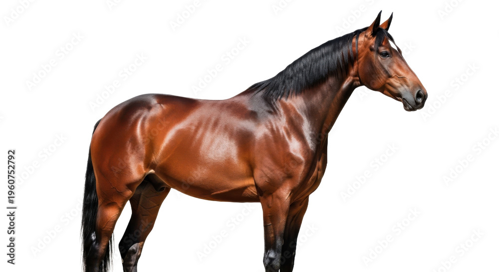 Fototapeta premium A shiny brown horse with a black mane and tail standing isolated on transparent background
