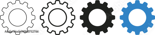 Four gear icons in different styles and colors