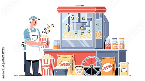 Popcorn Vendor: A vendor stands beside a classic popcorn machine, his apron clean as he prepares fresh popcorn, the air filled with the aroma of buttery goodness. The iconic snack is ready to enjoy.