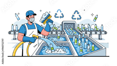 Recycling Process: A worker meticulously cleans and prepares plastic bottles for recycling, symbolizing environmental responsibility.