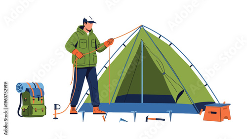Camping Adventure: A determined individual diligently sets up a camping tent, showcasing preparation and outdoor living, embodying the spirit of exploration and adventure.
