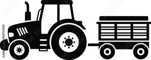 Tractor pulling trailer, farming machinery icon, agricultural vehicle silhouette, rural transport symbol, cargo hauling design, farm equipment