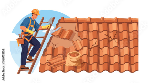 Roof Repair: A skilled tradesman meticulously repairs a damaged roof, focusing on each broken tile, ensuring structural integrity and a secure, weather-resistant finish.