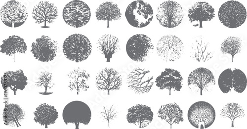 Collection of thirty six stylized grey trees and branches in circular and silhouette forms nature
