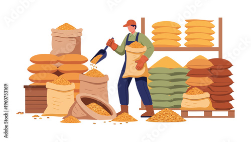 Grain Store: A worker in a warehouse, filling a bag of grain with a scoop, surrounded by many sacks of grain and heaps of grain on the shelves, which is well organized and full of grains