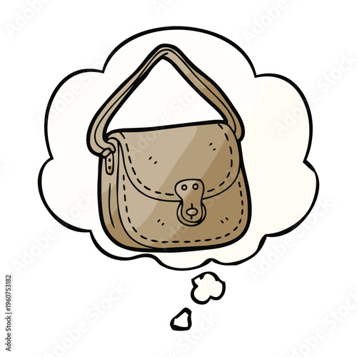 A thought bubble with a simple cartoon drawing of a brown satchel or shoulder bag inside it, against a white background