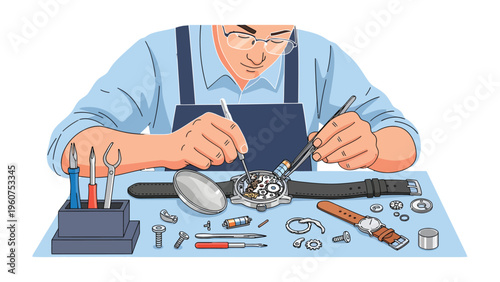 Precision Timekeeping: A skilled artisan, absorbed in their craft, meticulously repairs a watch, showcasing dedication and technical expertise.