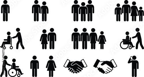 A collection of black and white icons depicting people