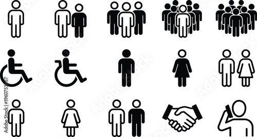 A collection of 15 black and white human icons on a white background