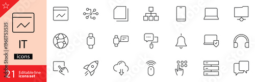 IT icons set. Including cloud computing, IT manager, big data, data analytics, internet, and network security. Editable stroke. Outline icons. Perfect for infographics. 