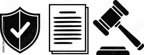 Legal compliance icons, shield security symbol, document paperwork design, gavel justice emblem, law regulation illustration, authority verification