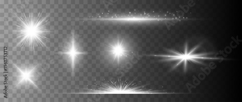 Bright lens flare set with glowing light bursts and horizontal streaks isolated on transparent background high resolution overlay collection
