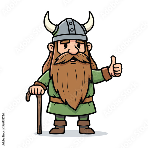 A friendly cartoon viking with a long brown beard and horned helmet, holding a walking stick and giving a thumbs up