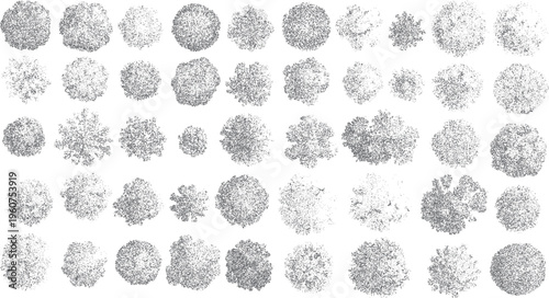 A collection of abstract circular shapes composed of numerous small dots and curved lines in varying densities and patterns against a white background