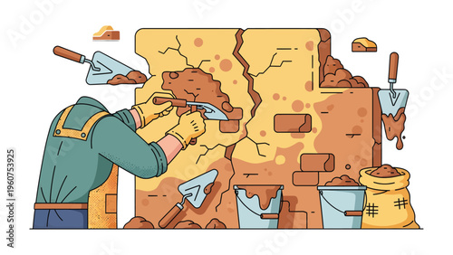 Brickwork Restoration: A craftsman meticulously repairs a weathered brick wall using tools, demonstrating skill and precision in the art of restoration. 