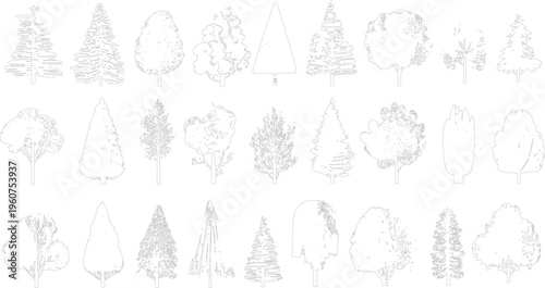 Collection of diverse tree outlines in various shapes and sizes for architectural or use silhouette nature