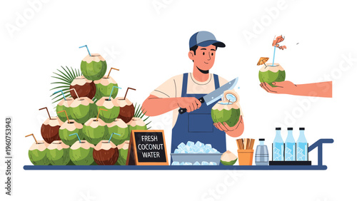 Refreshing Coconut Water: A vendor prepares fresh coconut water, offering a tropical refreshment to customers with a smile and efficiency.