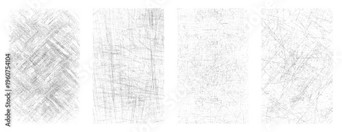 Four vertical panels displaying abstract grey scratch textures on a white background with varying line density and direction