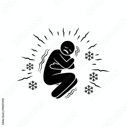 Black and white silhouette of a shivering person feeling freezing cold with snowflakes around