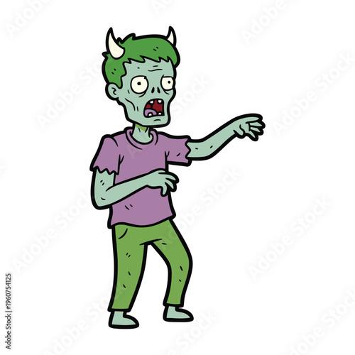 A cartoon illustration of a green-skinned zombie with small horns, wearing a torn purple shirt and green pants, with one arm outstretched